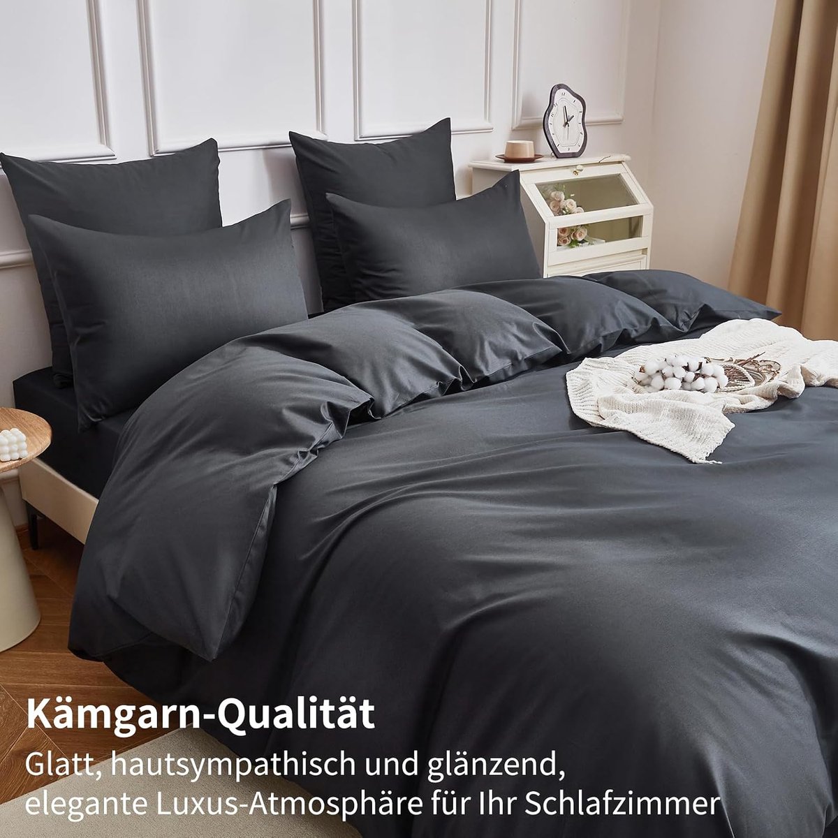 Bed Linen 135 x 200 cm, Cotton, 4 Pieces, Grey, Plain Bed Linen, 100% Combed Cotton, Smooth Shiny Soft Breathable - ShopVlot