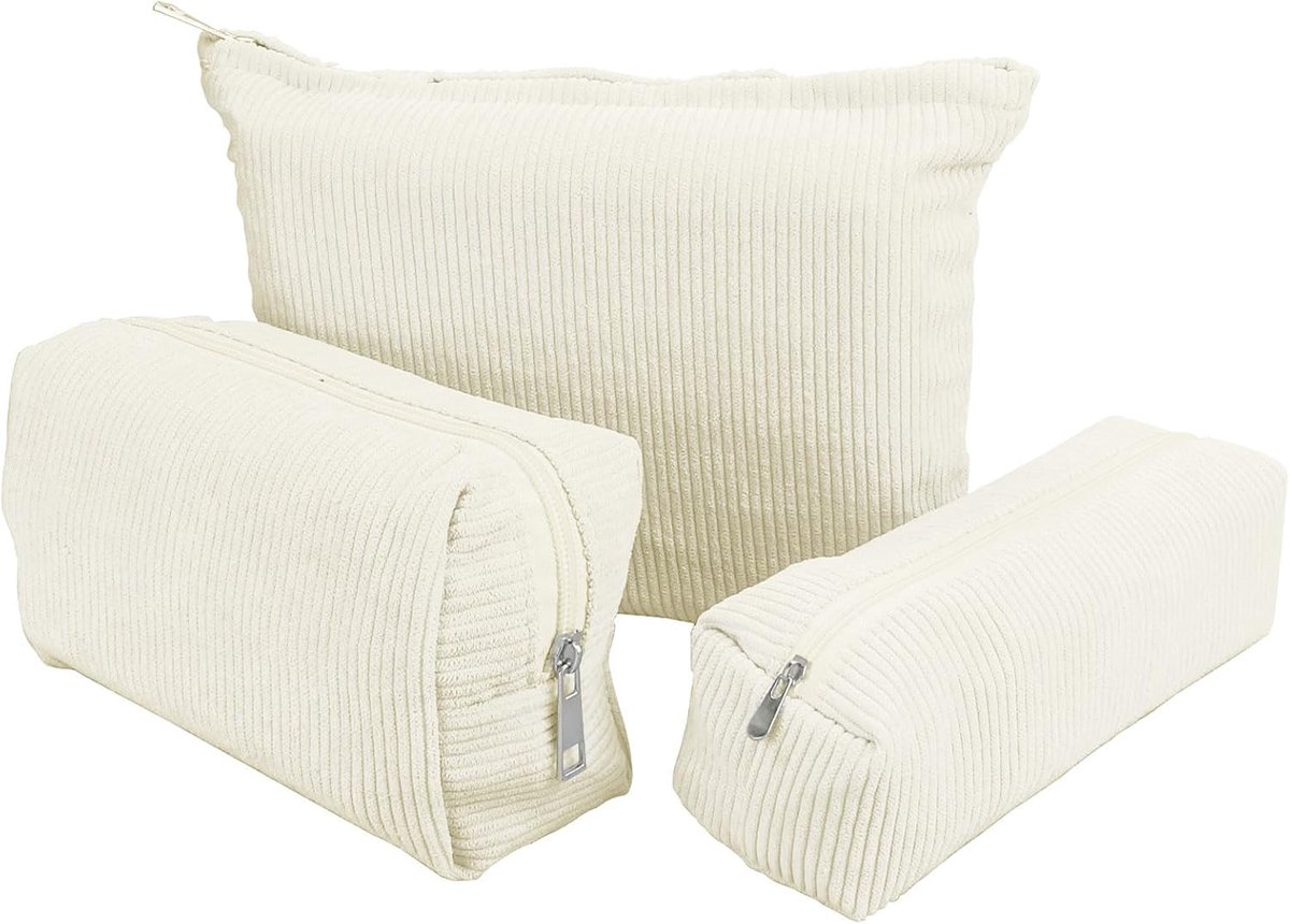 3 stuks cosmeticatasje corduroy make-uptas corduroy cosmeticakoffer dames corduroy make-up tas cosmeticatas corduroy beauty bag reizen met metalen ritssluiting - beige - Cosmetische tas corduroy