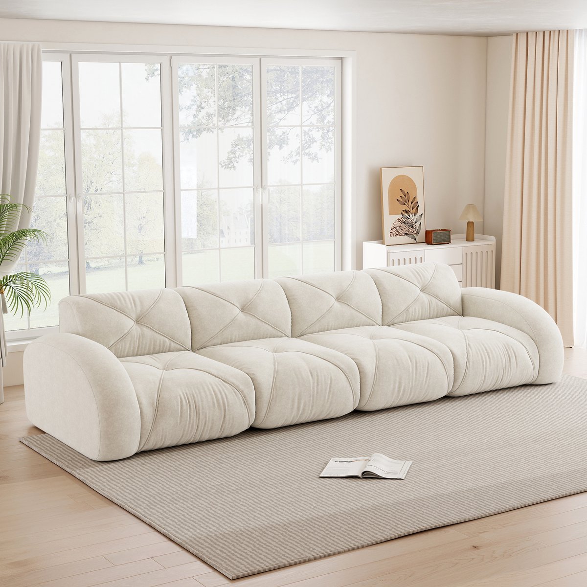 Modulaire Hoekbank - 4-Zits Bank Chenille Stof - Grote Lounge Bank Zonder Frame - Zachte Cloud Bank Voor Woonkamer - XXL Bankstel Zonder Montage - Beige