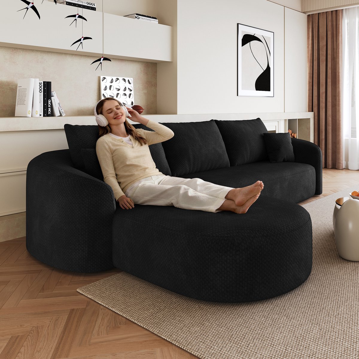 Modulaire Hoekbank - Chenille Cloud Sofa 4-Zits Met Chaise Longue - Frameloze L-Vormige Lounge Bank Met Diepe Zit Zonder Montage Voor Woonkamer Zwart