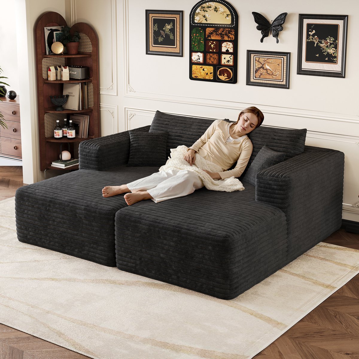 Modulaire Hoekbank - Ribstof Cloud Sofa Met Chaise Longue - 2-Zits Lounge Bank Zonder Frame - Diepe Zit Met Zachte Schuimvulling - Compressie Slaapbank Zonder Montage Voor Woonkamer Appartement - Zwart