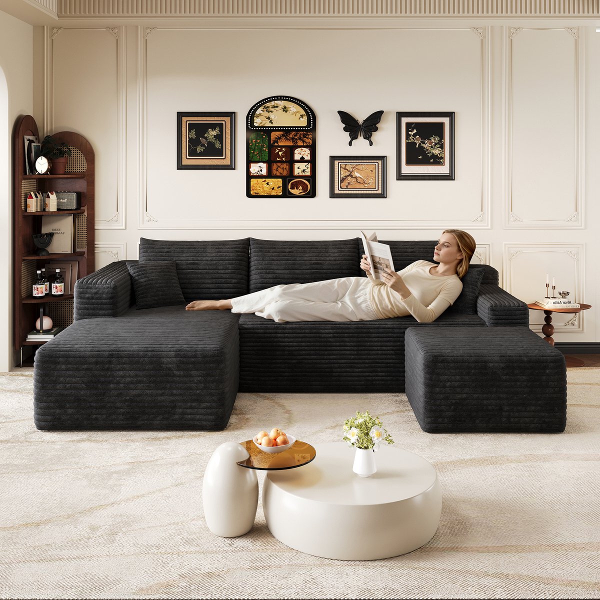 L-Vorm Hoekbank 4-Zits 241 cm - Moderne Cloud Sofa Met Diepe Zit En Ribstof Bekleding - Comfortabele Lounge Bank Voor Woonkamer - Zachte Hoekbank Zonder Montage - Zwart