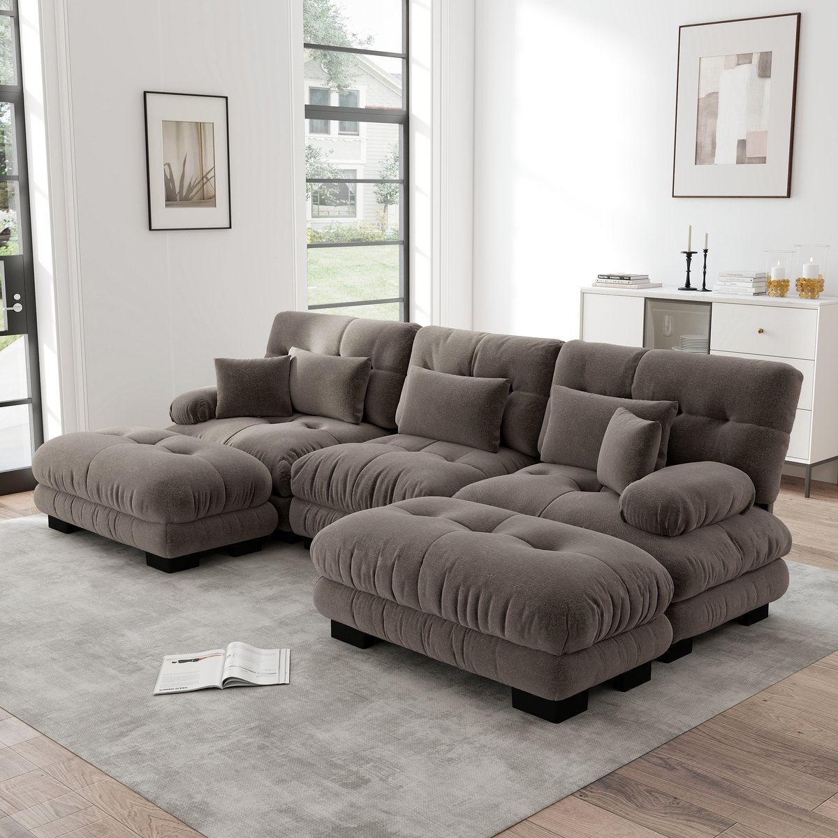 U Hoekbank 3 Zits - Luxe Modulaire Cloud Bank Chenille - Grote Hoek Sofa Met Hocker En Diepe Zit - Comfortabele Slaapbank Zonder Montage - Moderne Lounge Bank Voor Woonkamer - Bruin