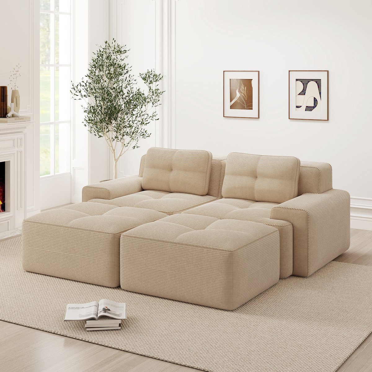 Modulaire Hoekbank - U Bank Cloud Sofa Ribstof - Diepe Zitbank Met Hocker - Zachte Lounge Bank Voor Woonkamer - 2 Zits Bank Beige