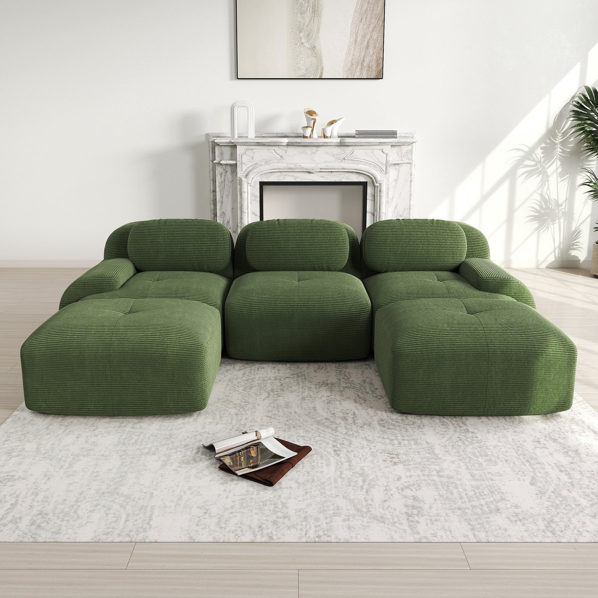 U Bank Modulaire - Grote 3-Zits Hoekbank Met Chaise Lounge Ribstof Sofa Zonder Montage Groen
