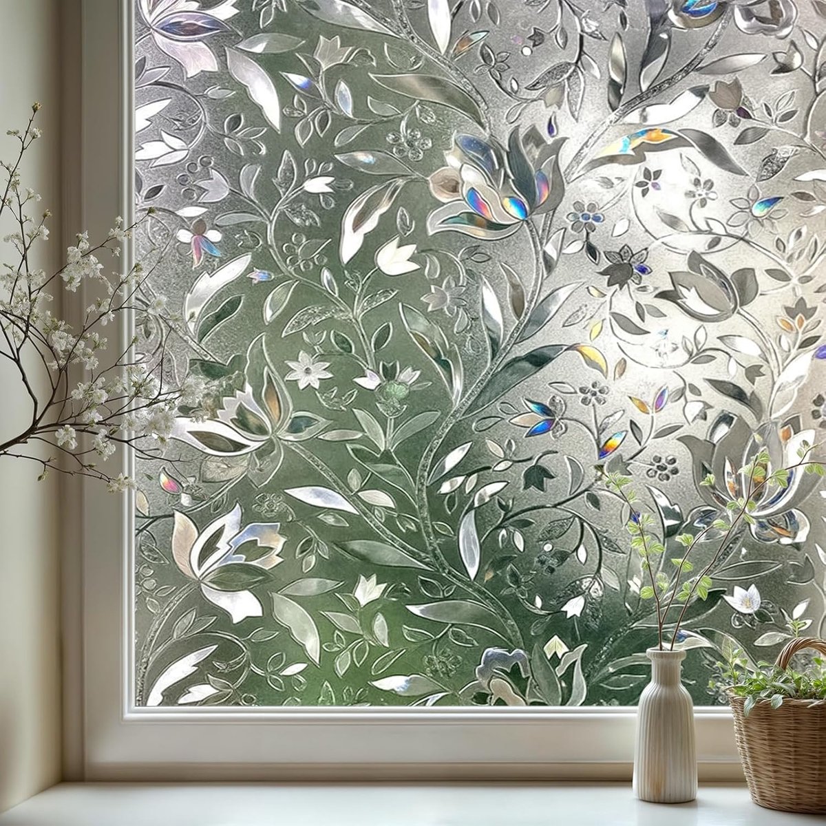 Raamfolie Privacy Raamfolie 3D Tulp Patroon Decoratieve Raamsticker Raamfolie Anti UV Verkleving Statische Glasfolie Bescherming voor Thuis Keuken Slaapkamer (60 x 200 cm)