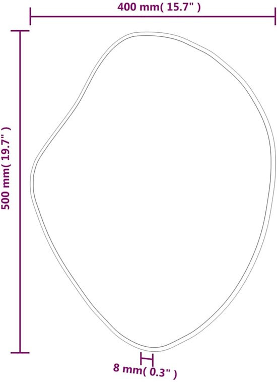 Afmetingen van de spiegel: 50 cm hoog, 40 cm breed, 8 mm dik.