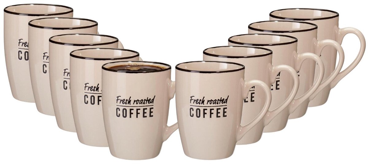 Siaki koffie kopjes Barista Cafe - 10x stuks - beige - 340 ml - mokken - keramiek - 10 cm - met koffie thema teksten