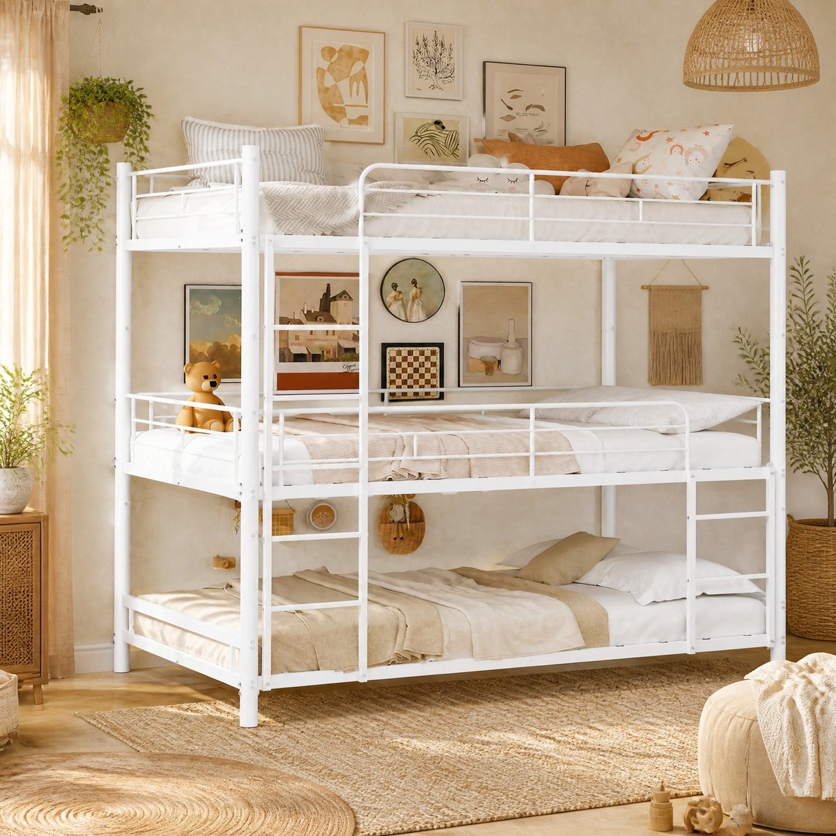 STILVORA Stapelbed 90x190cm – Modern Drie-Laags Bedframe met Geïntegreerde Ladder en Volledige Valbeveiliging – Ruimtebesparend Metalen Bed – Wit – Zonder matras