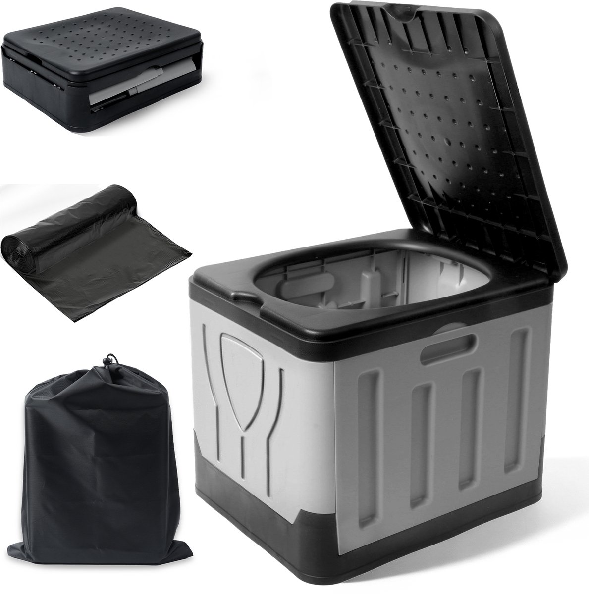 Arvioo-Vouwbaar campingtoilet grijs-zwart-30cm-100kg draagvermogen-voor kamperen vissen
