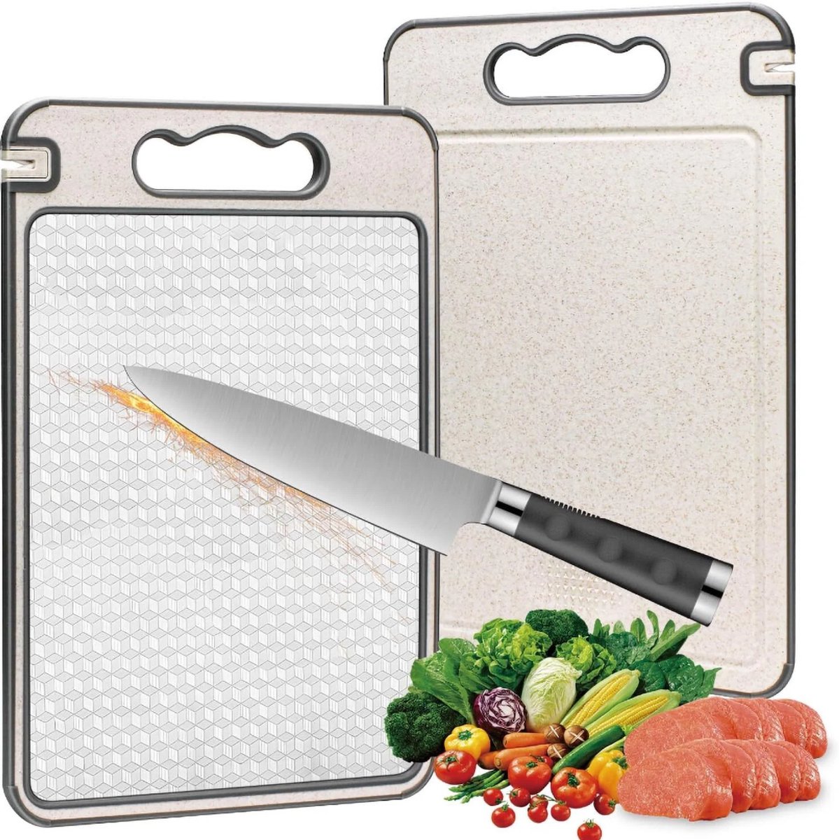 Dubbelzijdige snijplank - diamantpatroon - snijplank van stro - onmisbaar in de keuken - antislip - 36,5 x 25 cm - 304 roestvrij staal - grijs