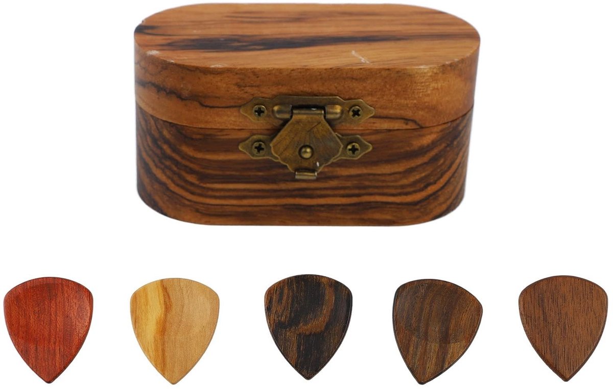 Solidchoice - Houten Gitaar Pick Box met 5 Stuks Plectrums
