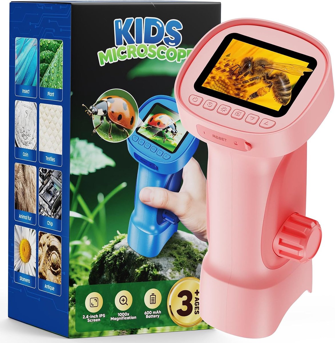 Bobypet - Kinder Microscoop met IPS Scherm - 1000X Digitale Zakmicroscoop voor Kinderen - Opneembare Handmicroscoop met 8 LED's, Type-C en PC Aansluiting - Roze