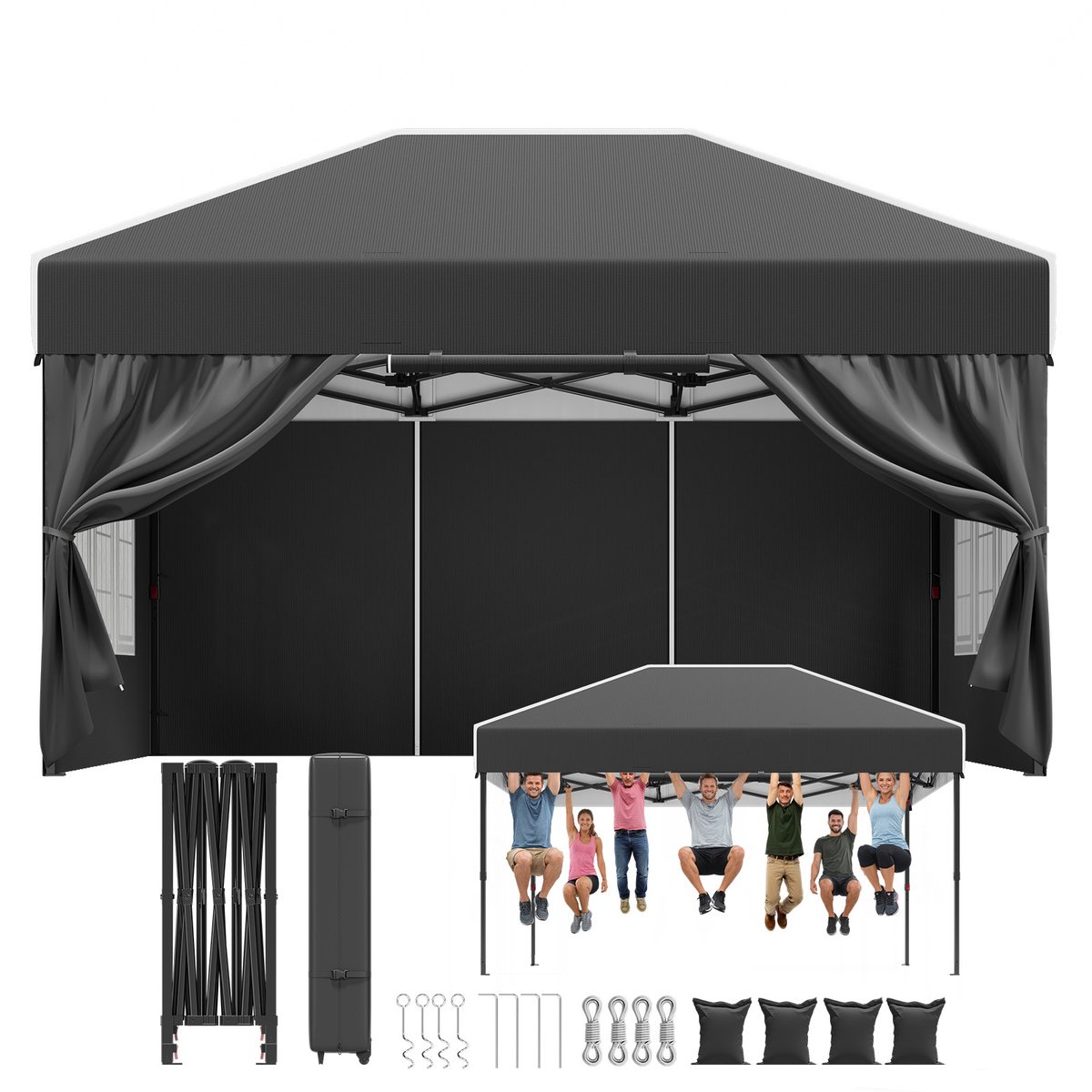 Devoko Luxe Partytent Waterdicht & UV - Easy Up opvouwbaar Tuinpaviljoen 3x4.5 m met 4 Zijwanden – Opbergtas – Geschikt voor feesten-kamperen-tuin-terras – Grijs