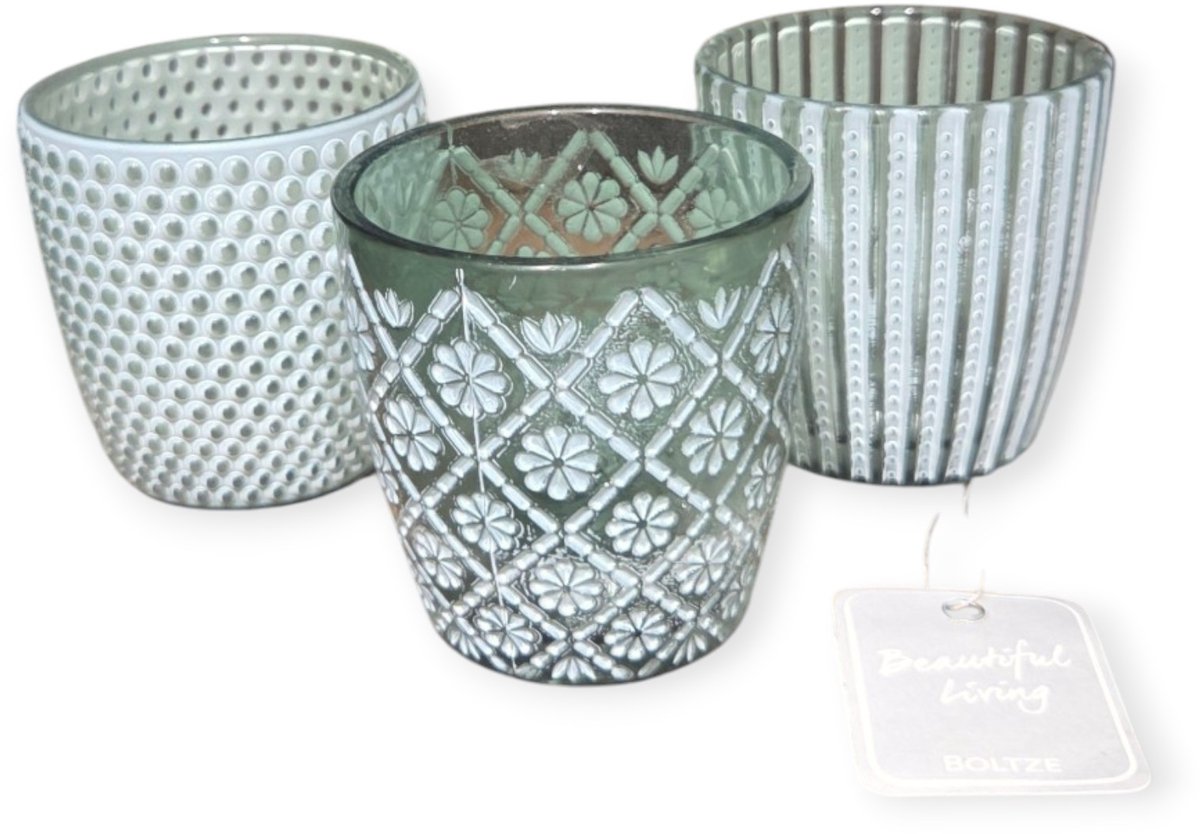 Boltze - Waxinelichthouders - Kaarsenhouder - Waxinelichtjes - Set van 3 - Glas - Groen - 9x9cm