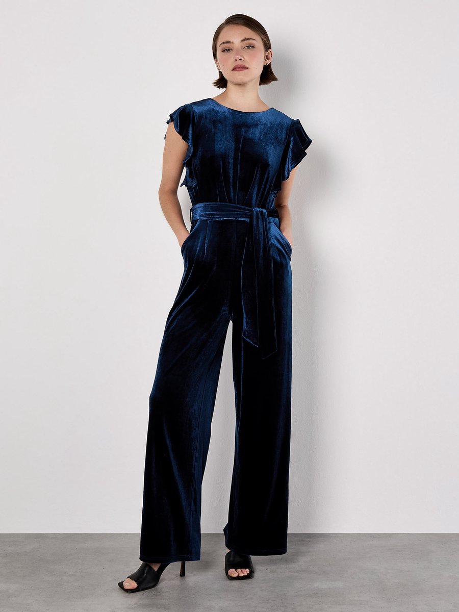 Wide Leg Velvet Ruffle Jumpsuit