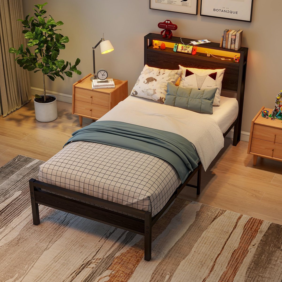 STILVORA Bedframe 90x200cm – Metalen Eenpersoonsbed – USB-C Oplaadfunctie & LED-Verlichting – Hoofdeinde met Opbergruimte – Zonder Matras – Zwart