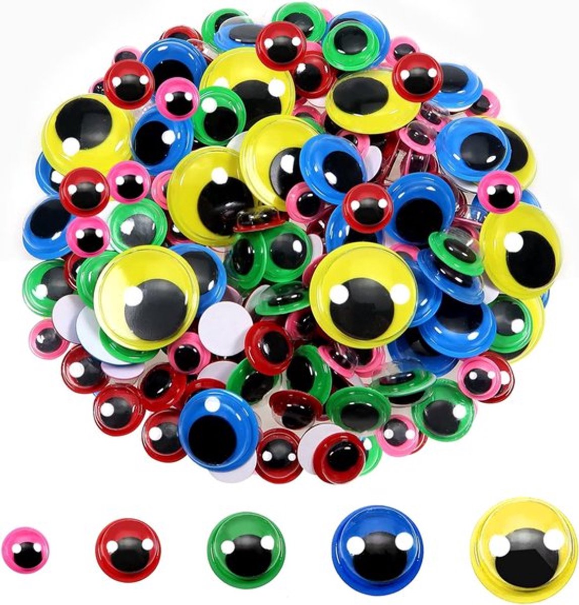 200 Stuks Zelfklevende Kleurige Plastic Wiebeloogjes van 8 tot 20 mm voor DIY Scrapbooking en Knutselprojecten