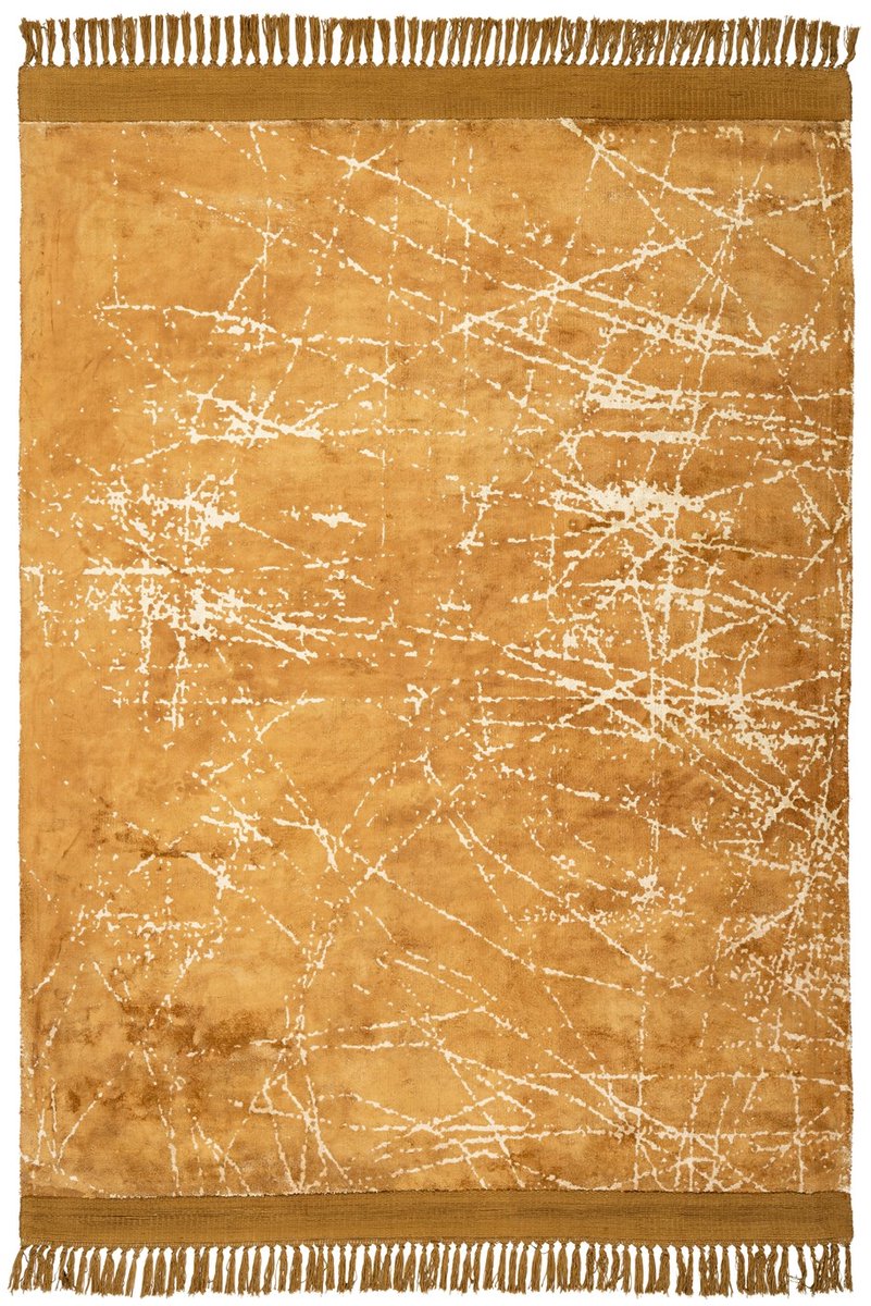 Padiro laagpolig vloerkleed 200 x 290 cm - goud - vintage patroon - met franjes - geschikt voor vloerverwarming - van viscose