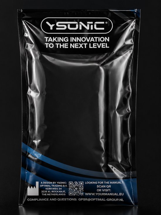 Zwarte verpakking van YSONIC met blauwe strepen en tekst: 'TAKING INNOVATION TO THE NEXT LEVEL'.