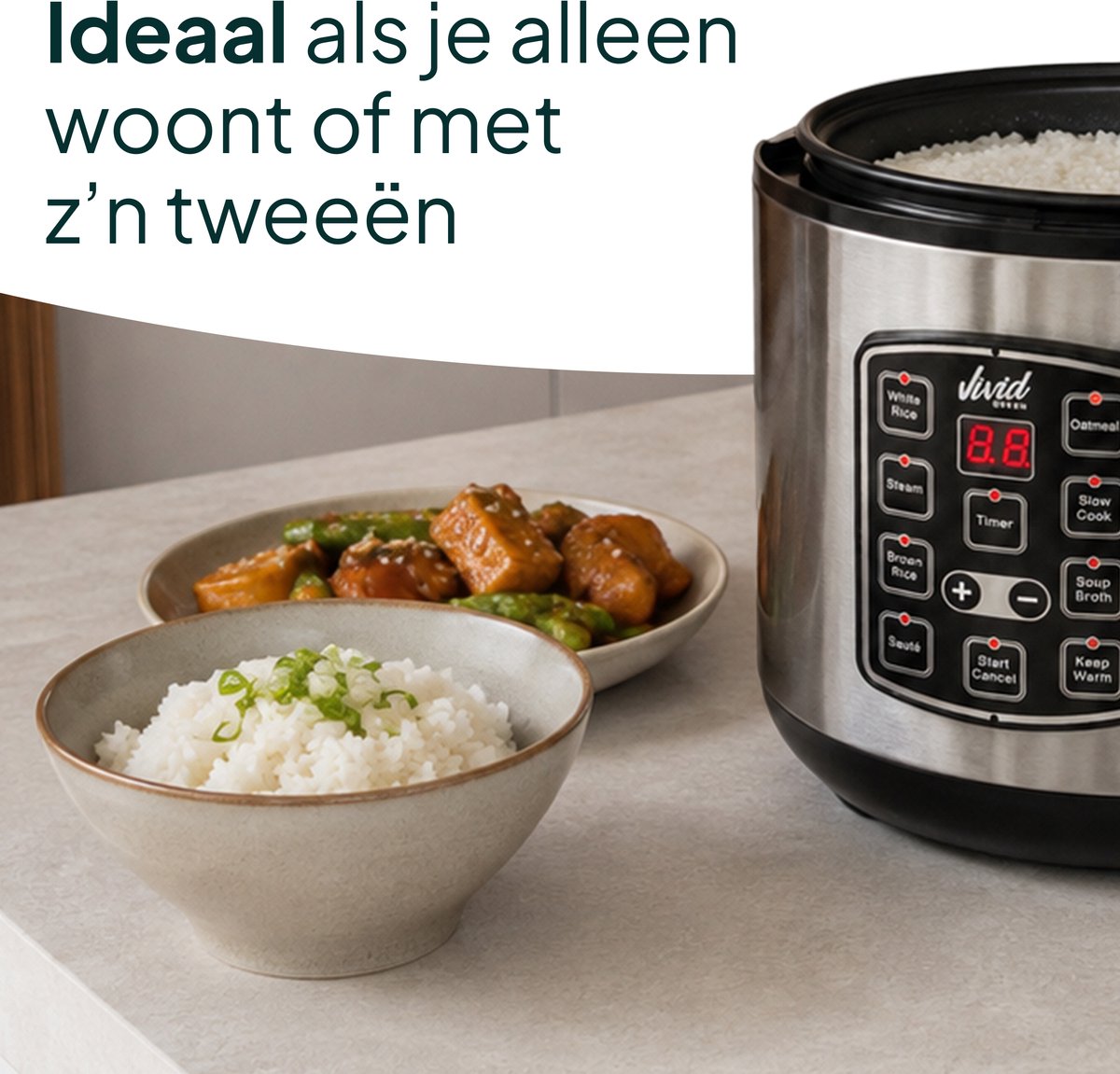 Rijstkoker met Stomer - 1.5L - Slowcooker met Timer - 8 Porties - Multicooker - Rice Cooker - RVS - Vivid Green – foto 3