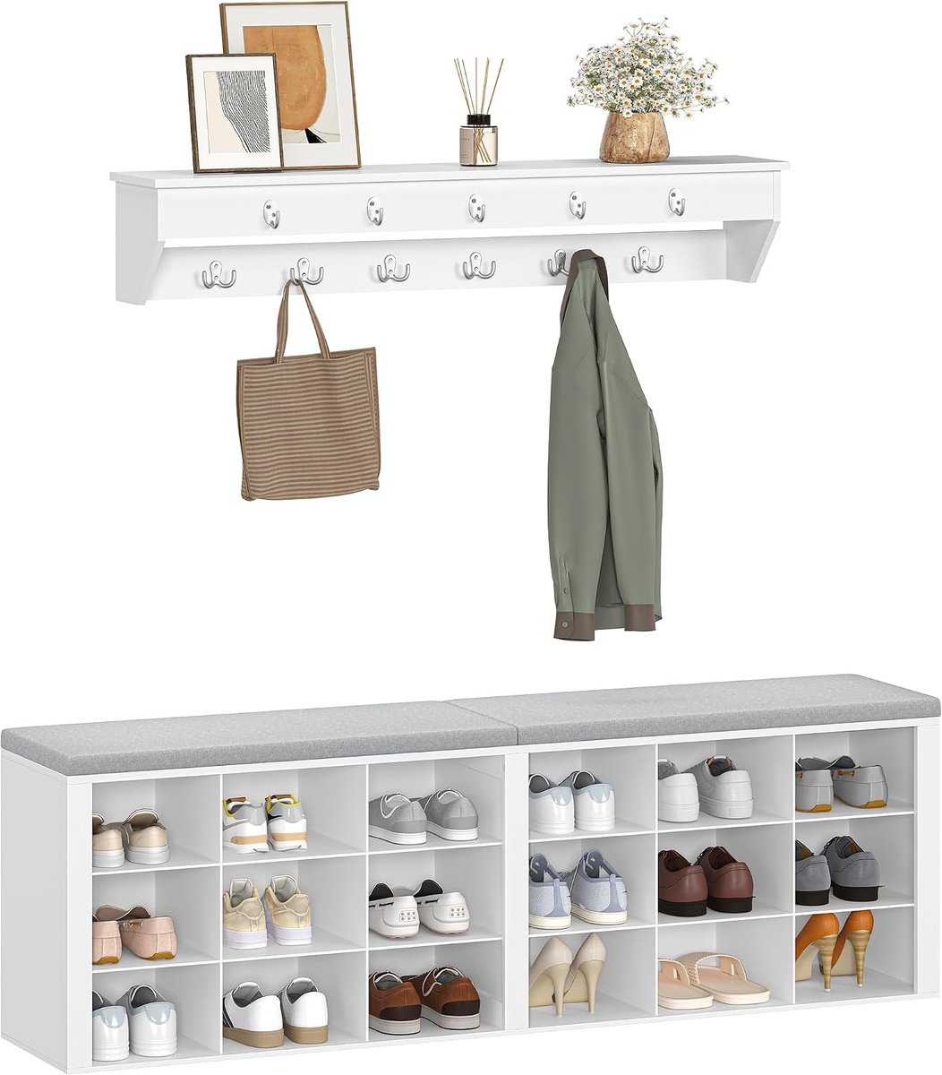 Home & Beyond® Garderobeset met Schoenenbank - Kapstok met Zitbank - Halbank met Schoenenopslag - Wandkapstok met Haken - Wit Grijs - 150x30x48 cm