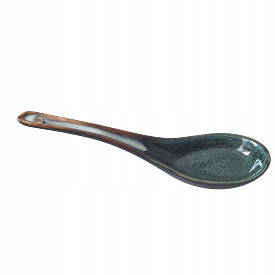 Donkergroene keramische lepel met bruine rand, gespikkeld patroon.