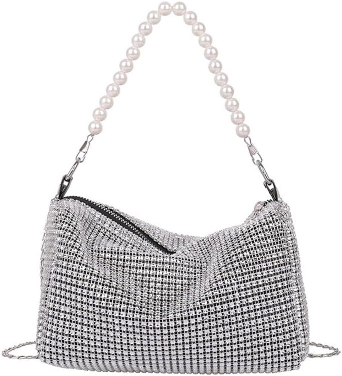 TOFBS Women's Shiny Rhinestone Handbag Elegant Clutch Diamond Party Bag Mini Shoulder Bag with Pearl Chain for Wedding - ShopVlot