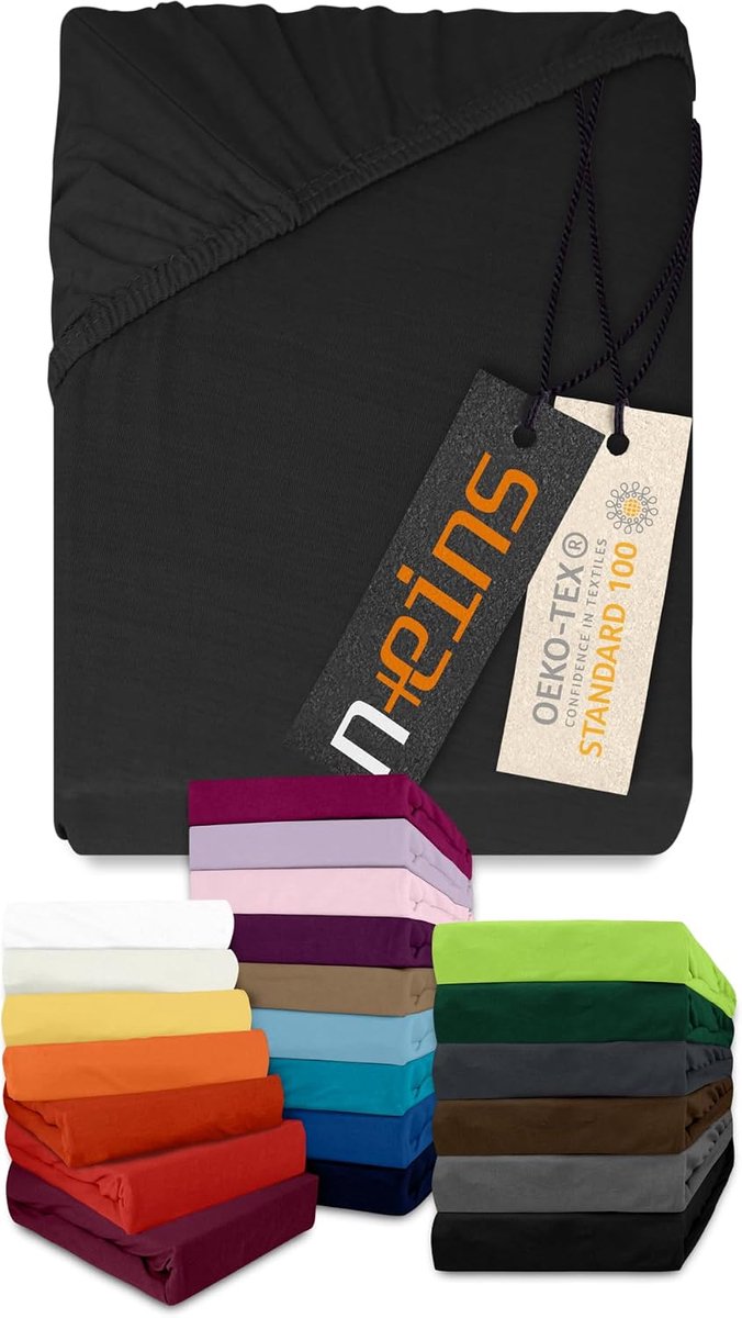 npluseins Classic Jersey Fitted Sheet, Many Colours and Sizes, 100% Cotton, 159.192, 120 x 200 cm, Black - ShopVlot