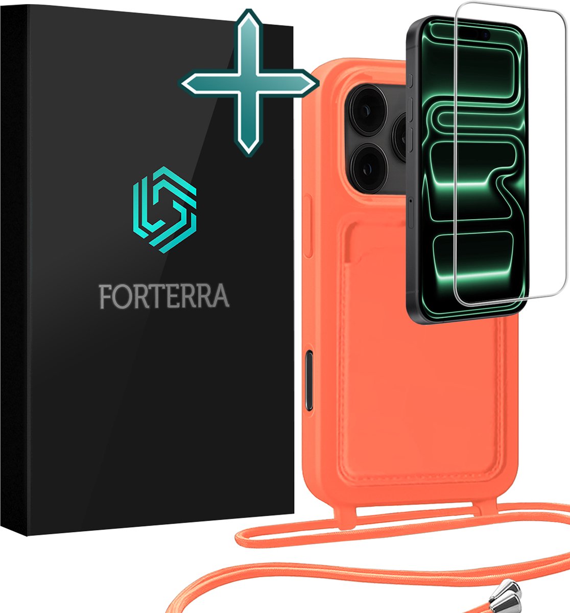 Hoesje Geschikt voor iPhone 18 Pro Max Case Siliconen Hoes Met Koord Met Screenprotector - Hoes Geschikt voor iPhone 18 Pro Max Met Telefoonkoord Hoesje Backcover - Papaya