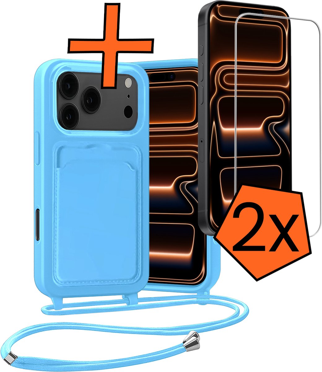 Hoesje Geschikt voor iPhone 18 Pro Max Hoes Met Telefoonketting Met 2x Screenprotector - Backcover Geschikt voor iPhone 18 Pro Max Case Met Koord - Lichtblauw