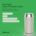 Beige melkopschuimer met een zilveren deksel en basis. De tekst vermeldt "Keramisch. Geen PFAS, geen teflon."
