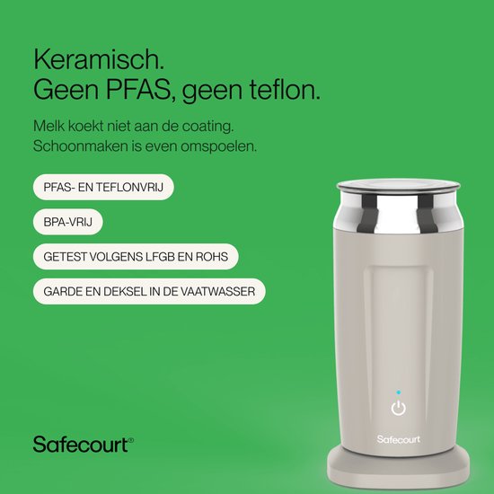 Beige melkopschuimer met een zilveren deksel en basis. De tekst vermeldt "Keramisch. Geen PFAS, geen teflon."
