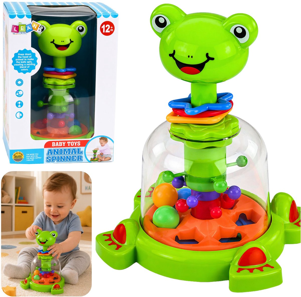 Interactieve kikkerspinner met draaiende ballen voor baby's