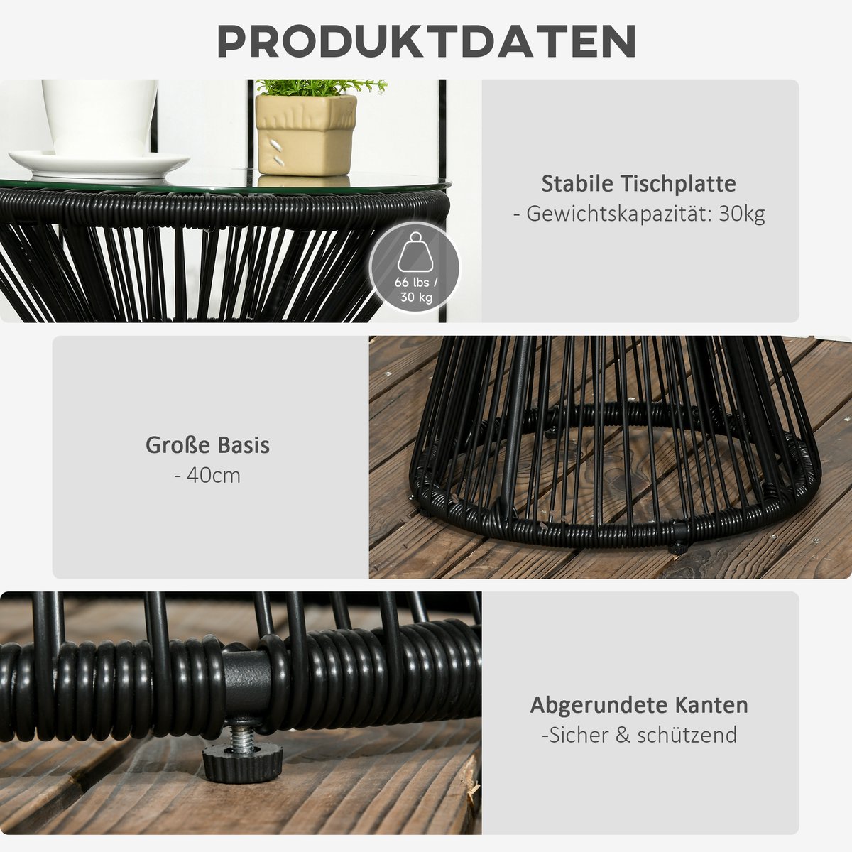 DESMIU Tuintafel - Ronde Bijzettafel Met Gehard Glazen Blad En Polyrattan - Voor Balkon En Tuin - Metaal - 40 Cm - Zwart