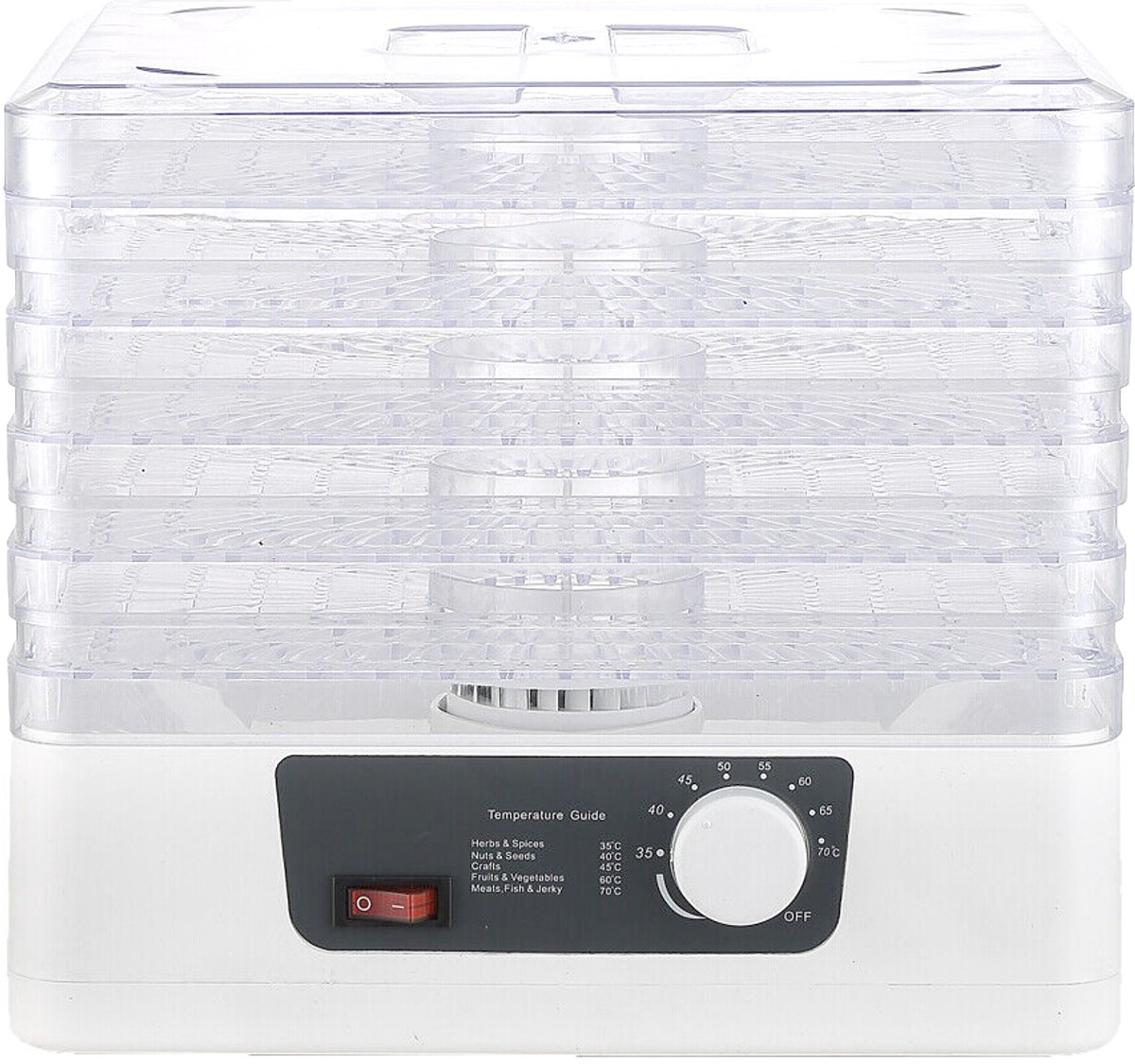 Voedseldroger - Met temperatuurregelaar - Fruitdroger - Automatische droger - Groentedroger - Geschikt voor fruit, groenten, kruiden en vlees - ABS-behuizing - 350W - Wit