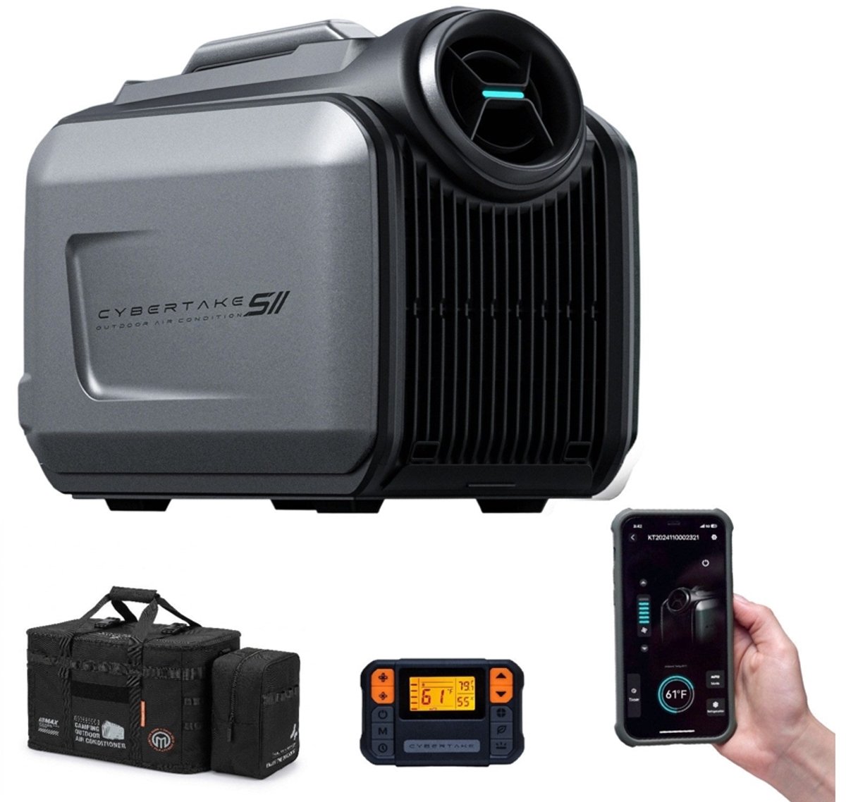 CYBERTAKE Draagbare buitenairco - Caravan Airco met App & Afstandsbediening - Tas - 5100BTU - Mobiele Airconditioner met Verwarming 6100BTU - Camping Airco 12V 24V 48V - Stil ≤55dB - Energiezuinig ECO Mode - 480x260x356mm - Outdoor Koeler