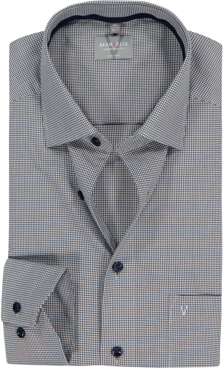 MARVELIS comfort fit overhemd - popeline - olijfgroen met wit geruit - Strijkvrij - Boordmaat: 44 (EU maat: XL)