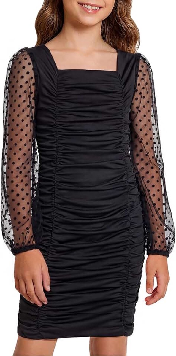 Bodycon jurk voor meisjes, tieners, satijn, lange mouwen, pofmouwen, vierkante kraag, elegante mini-jurk met ruches
