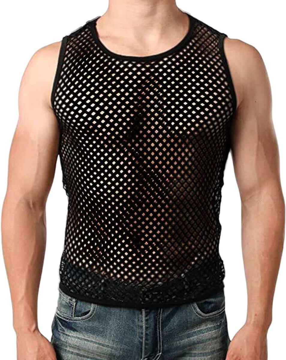 Mesh Fishnet Mannen Vest Korte Mouw T Shirt Fitted Muscle Top Zomer Sexy Club Party Crop Tops Crew Neck Tee See Through Tops Fitted Workout Clubwear Tank Top