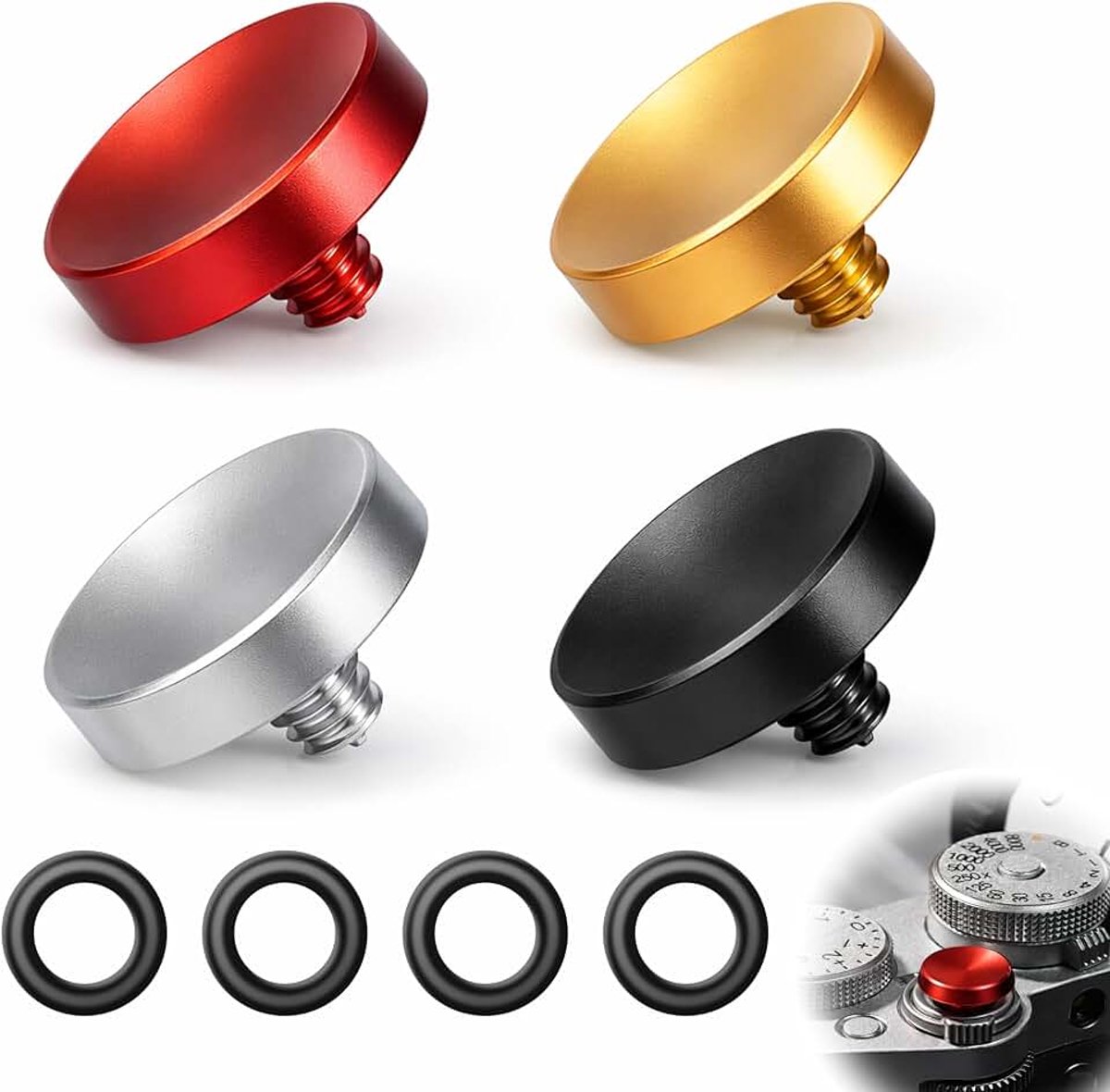 Set van 4 Fuji aluminium soft release knop, concave oppervlak met rubberen ringen, compatibel met Fuji X100 XT20 X100F, Hasselblad, met Canon Leica, 4 kleuren rood, zwart, goud, zilver