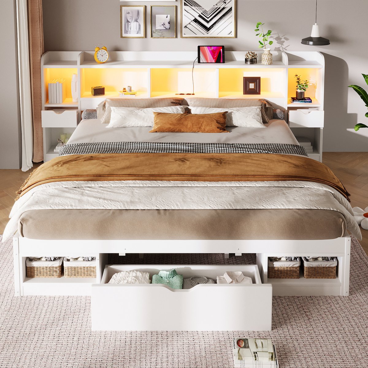 Merax Tweepersoonsbed 180 x 200 cm - met opbergruimte - LED-verlichting en USB-aansluiting - wit