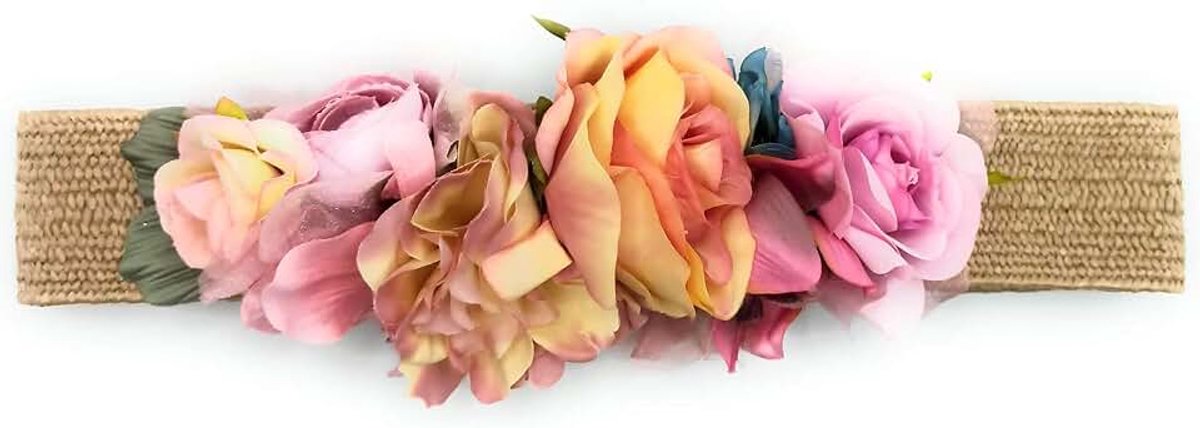 Bloemenriem voor damesjurken, elastisch, met kunstbloemen, Bastlint Bloemen Roze Geel, hasta talla 40