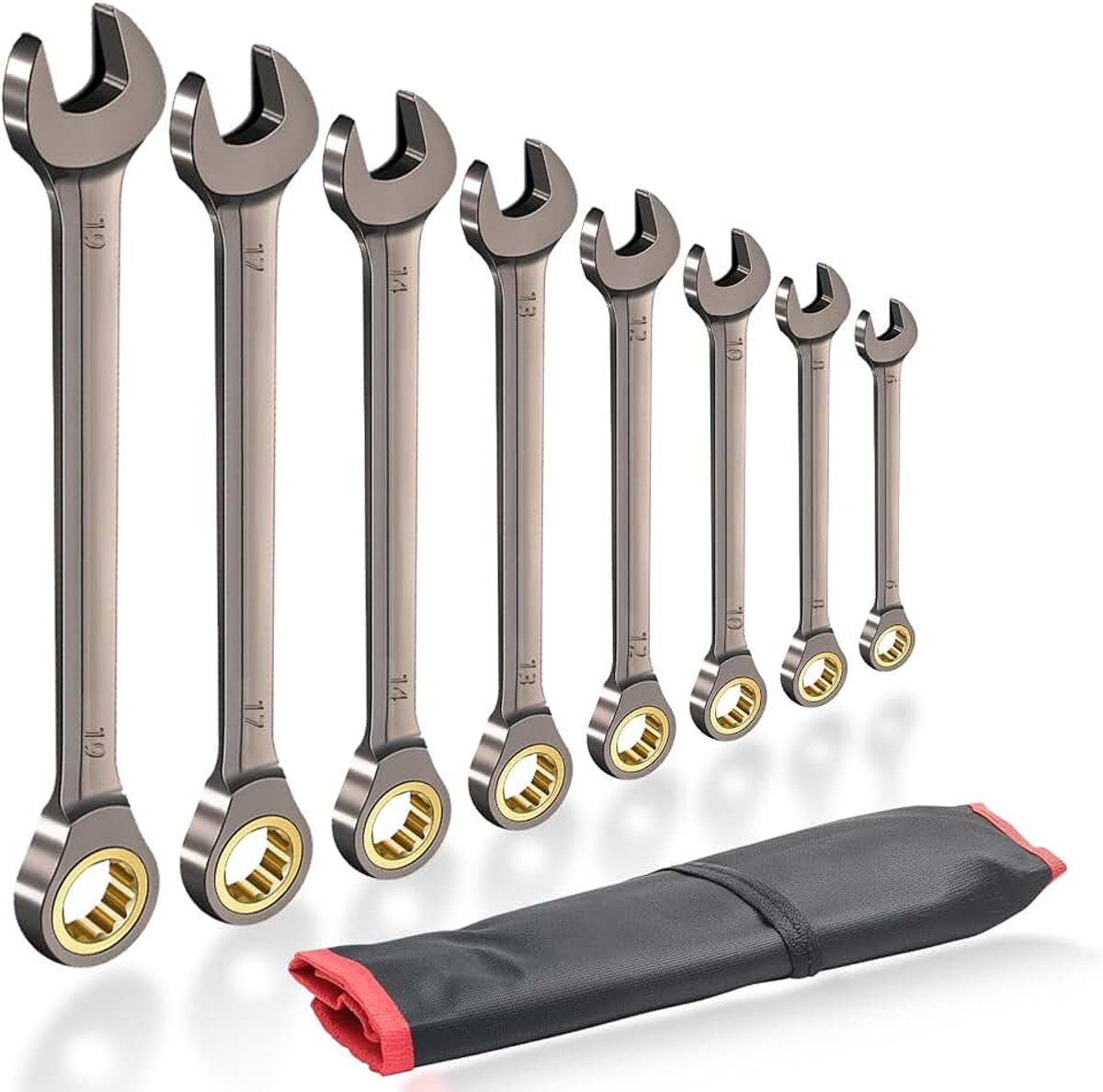8-delige ratelsleutelset, ringratelsleutelset (6-19 mm, metrisch), 72 tanden ratelringsleutel, steeksleutelset met Cr-v staal voor doe-het-zelvers, fiets- en autoreparaties