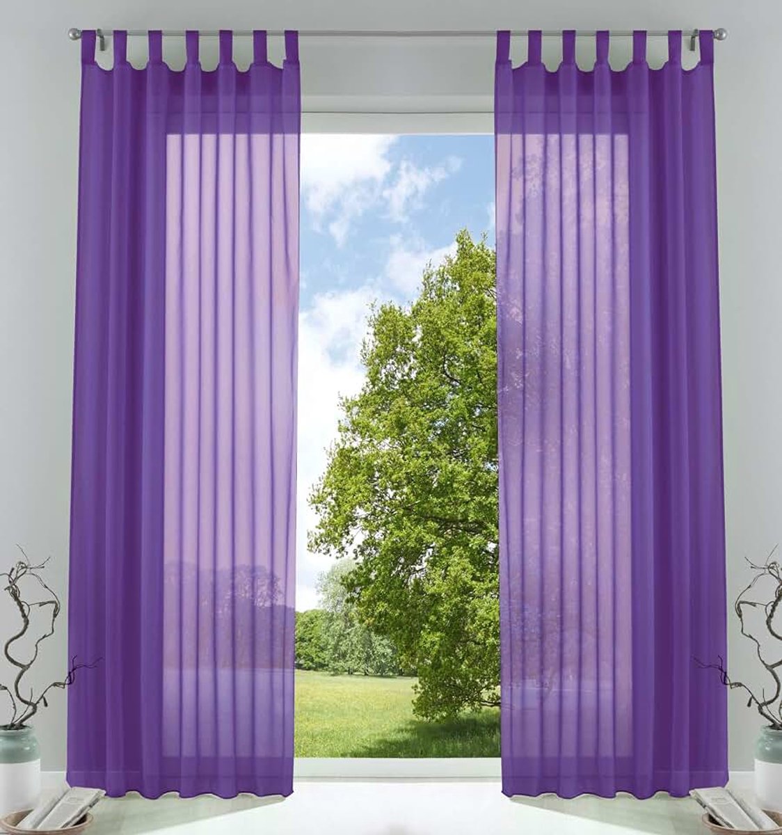Set van 2 gordijnen, transparant, set van 2 gordijnen, woonkamer, voile, lusgordijn met loodband, H x B 225 x 140 cm, paars, 61000CN