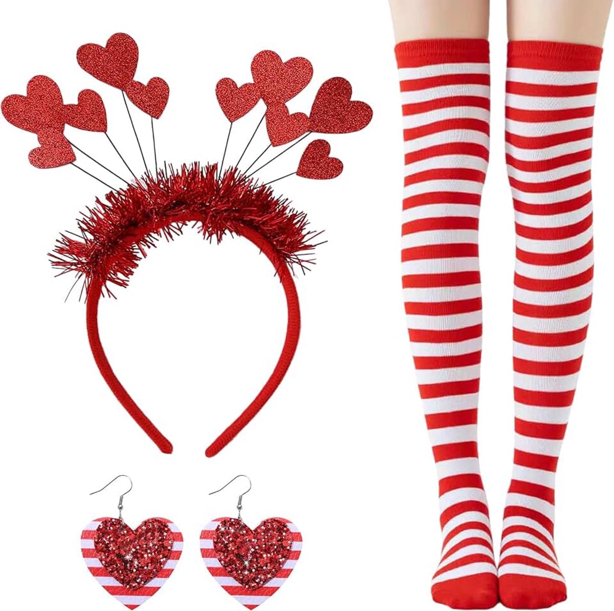 3 stuks Carnaval kostuum Keulen Hart haarkrans Carnaval Rood Wit, sokken, hart bril, oorringen voor Keulse Rood Wit Carnaval dames, Keulse Fasching kostuums