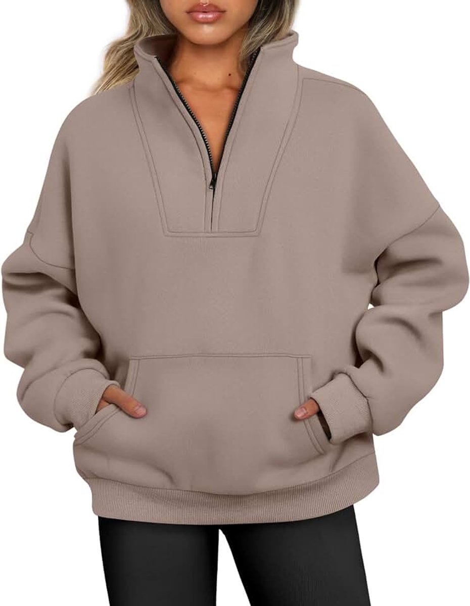 Damestrui met halve rits, met fleece gevoerd, herfst, ritssluiting, opstaande kraag, oversized sweatshirt zonder capuchon