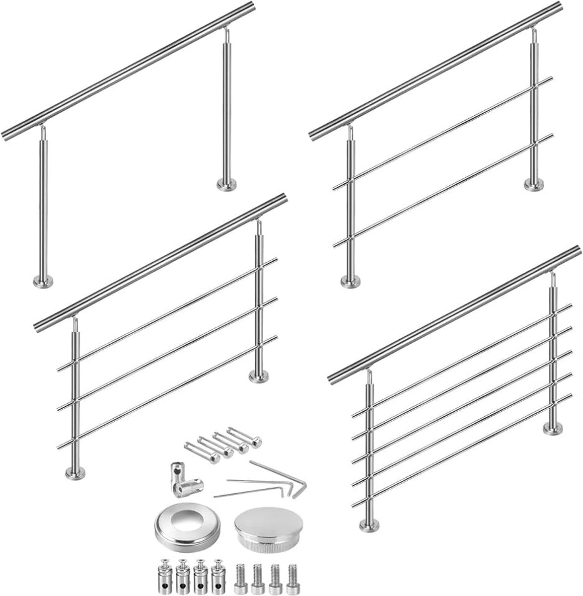Stalen leuning, Ø 42 mm, geborsteld roestvrijstalen leuning, voor binnen en buiten, met 2 dwarsbalken, bouwpakket voor trap, balkon, balustrade, wandmontage, 100 cm
