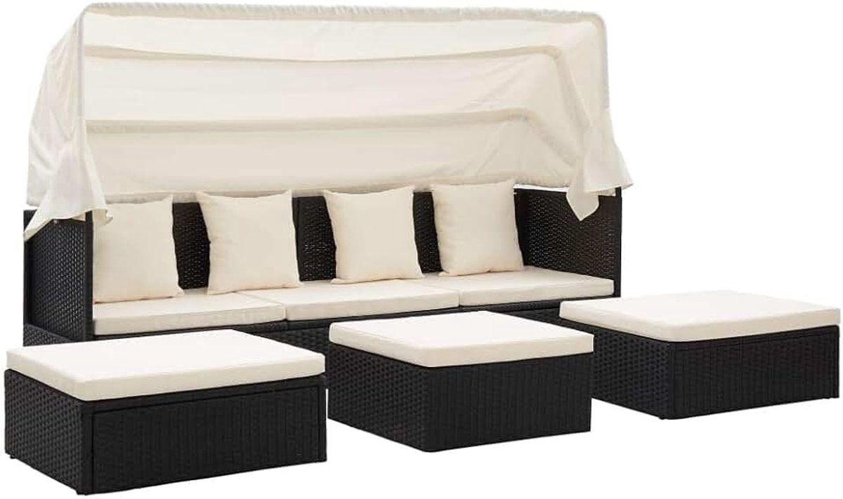Terrasmeubel, outdoor, dagbed met inschuifbaar baldakijn en zachte kussens, polyetheen, rotan rechthoekige snijbank set voor tuin, achtertuin, zwembadzijde, zwart en wit