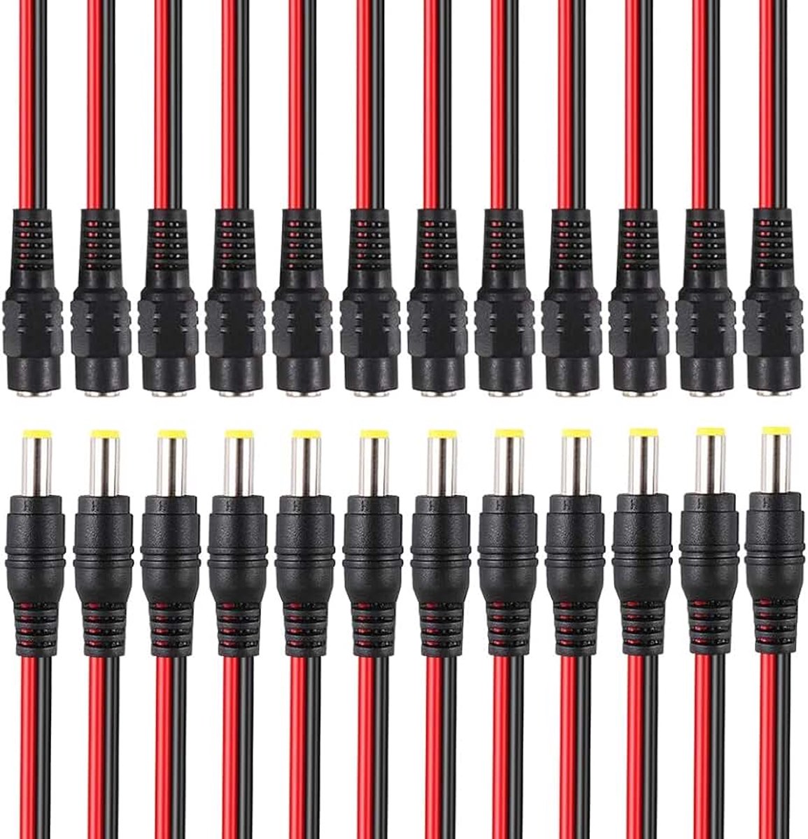 12 paar Premium DC Power Pigtail kabels, 5,5 x 2,1 mm mannelijke stekker en vrouwelijke bus, voedingsadapter, connectoren, voor CCTV-beveiligingscamera